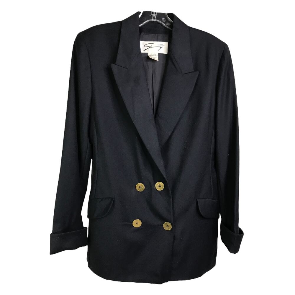 Genny Blazer Jacket Womens‎ Sz 10 Navy Blue Gold Buttons Wool Double Breasted